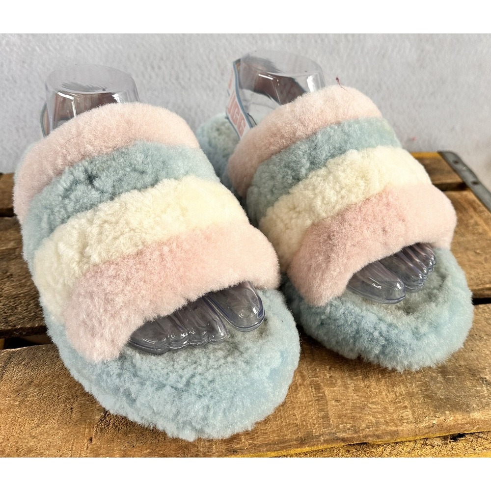UGG Fluff Yeah Slide Slippers Pastel Striped Womens 8 Multicolor Excellent
